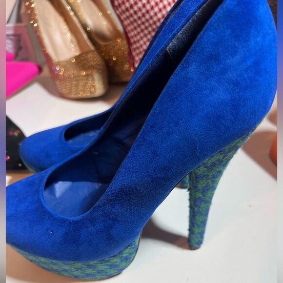 🧢 Blue green suede, embroidered platform, stiletto pumps, high heels, size 7 - Picture 5 of 13